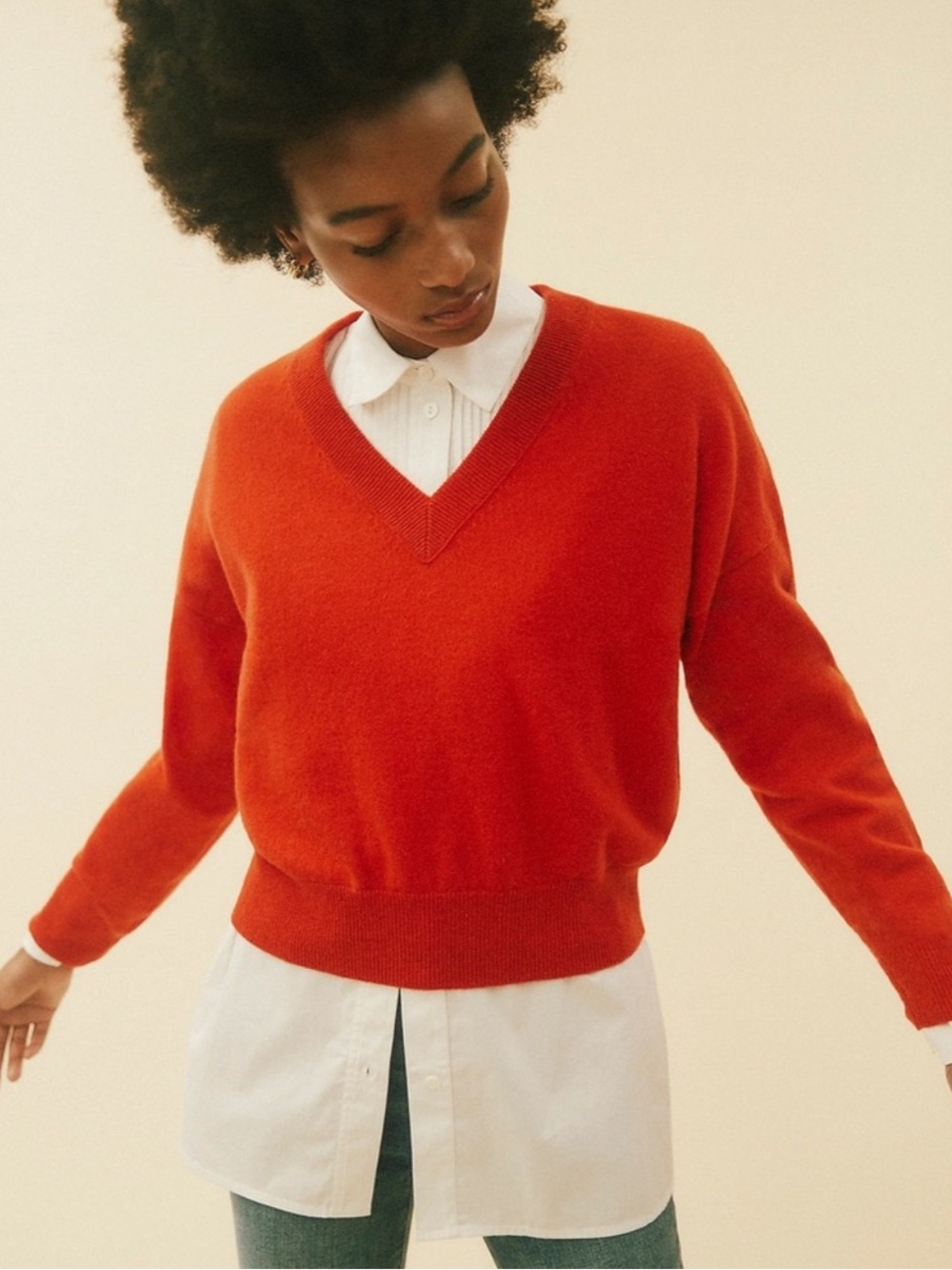 Madewell 100% Cashmere V-Neck Crop Sweater sz S bright red
